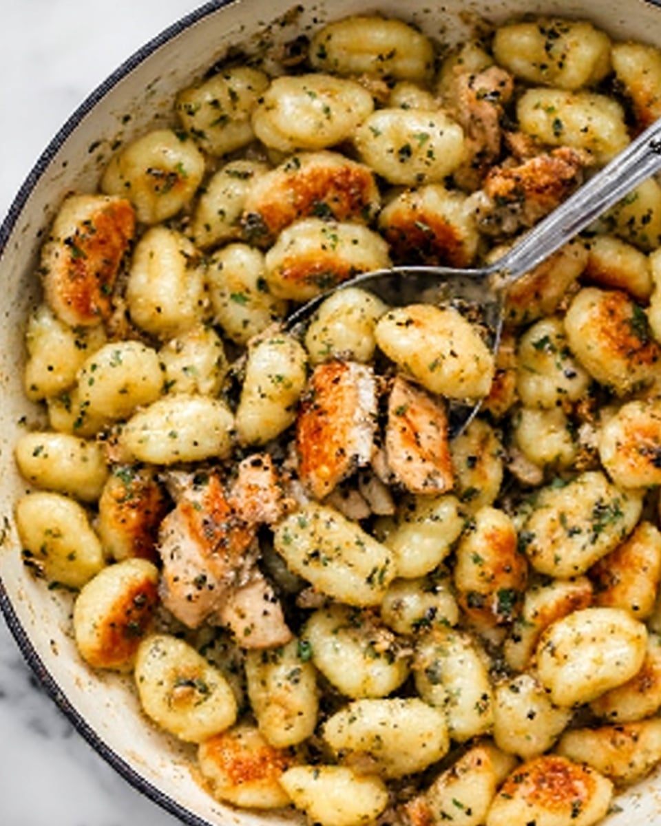 The image shows a close-up of a white pan filled with golden-brown gnocchi mixed with small pieces of cooked chicken. The gnocchi are soft with a light crispy crust, speckled with green herbs and black pepper, while the chicken pieces have a slightly darker, roasted skin. A metal spoon is scooping some of the gnocchi and chicken from the center of the pan. The background is a white marbled texture. Photo taken with an iphone --ar 4:5 --v 7