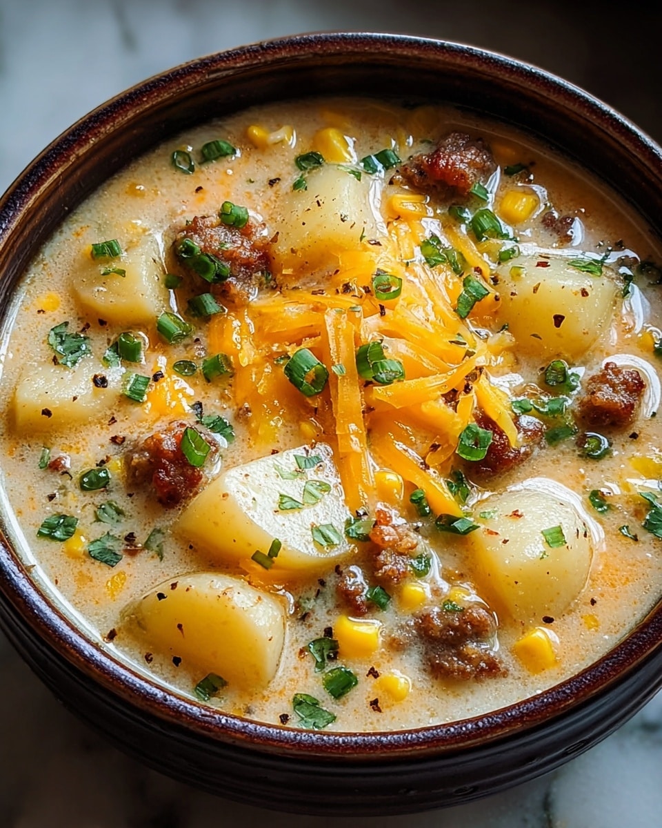 A close-up view of a bowl of creamy potato soup filled with several light yellow potato chunks, small pieces of corn, and bits of browned sausage. The soup is topped with shredded orange cheddar cheese and sprinkled with finely chopped green onions and parsley, along with visible black pepper specks. The bowl is dark brown with a slightly shiny finish, set on a white marbled textured surface. The soup looks rich and hearty, with a smooth creamy broth mixing with the chunky ingredients. photo taken with an iphone --ar 4:5 --v 7