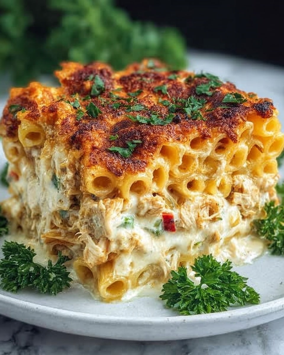 A round black pan filled with baked pasta showing three distinct layers: the bottom layer is creamy yellow penne pasta mixed with pieces of red and yellow bell peppers; the middle layer has shredded chicken scattered evenly; the top layer is a golden-brown, bubbly melted cheese crust with slightly charred spots, sprinkled with finely chopped green herbs and a small bunch of fresh parsley placed in the center. The pan sits on a white marbled surface near a window with soft natural light. Photo taken with an iphone --ar 4:5 --v 7