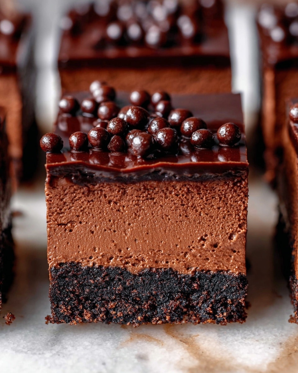 The image shows a close-up of a rich chocolate dessert square with three main layers lying on a white marbled texture. The bottom layer is a dark, crumbly chocolate crust, dense and firm. The middle layer is a thick, smooth chocolate mousse with a soft texture and deep brown color. The top layer is a glossy, dark chocolate ganache decorated with small, round chocolate balls scattered unevenly, adding texture and crunch. Around the center piece, there are more squares of the same dessert, showing clean, sharp edges of the layers. Photo taken with an iphone --ar 4:5 --v 7