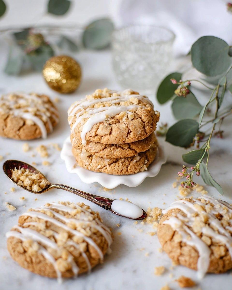 The image shows a stack of three golden brown cookies with a crumbly texture and white icing drizzled on top, placed slightly off-center on a small white ruffled dish. Surrounding the dish are four more cookies scattered on a white marbled surface, each cookie topped with crumbly bits and a thin drizzle of white icing. A vintage spoon with a mix of gold and dark wooden handle lies near the stack, holding some white icing. In the background, there are some green eucalyptus leaves and a decorative gold spherical object, along with a small glass bowl that is out of clear view. The overall setting gives a fresh and delicate feel with soft lighting. photo taken with an iphone --ar 4:5 --v 7