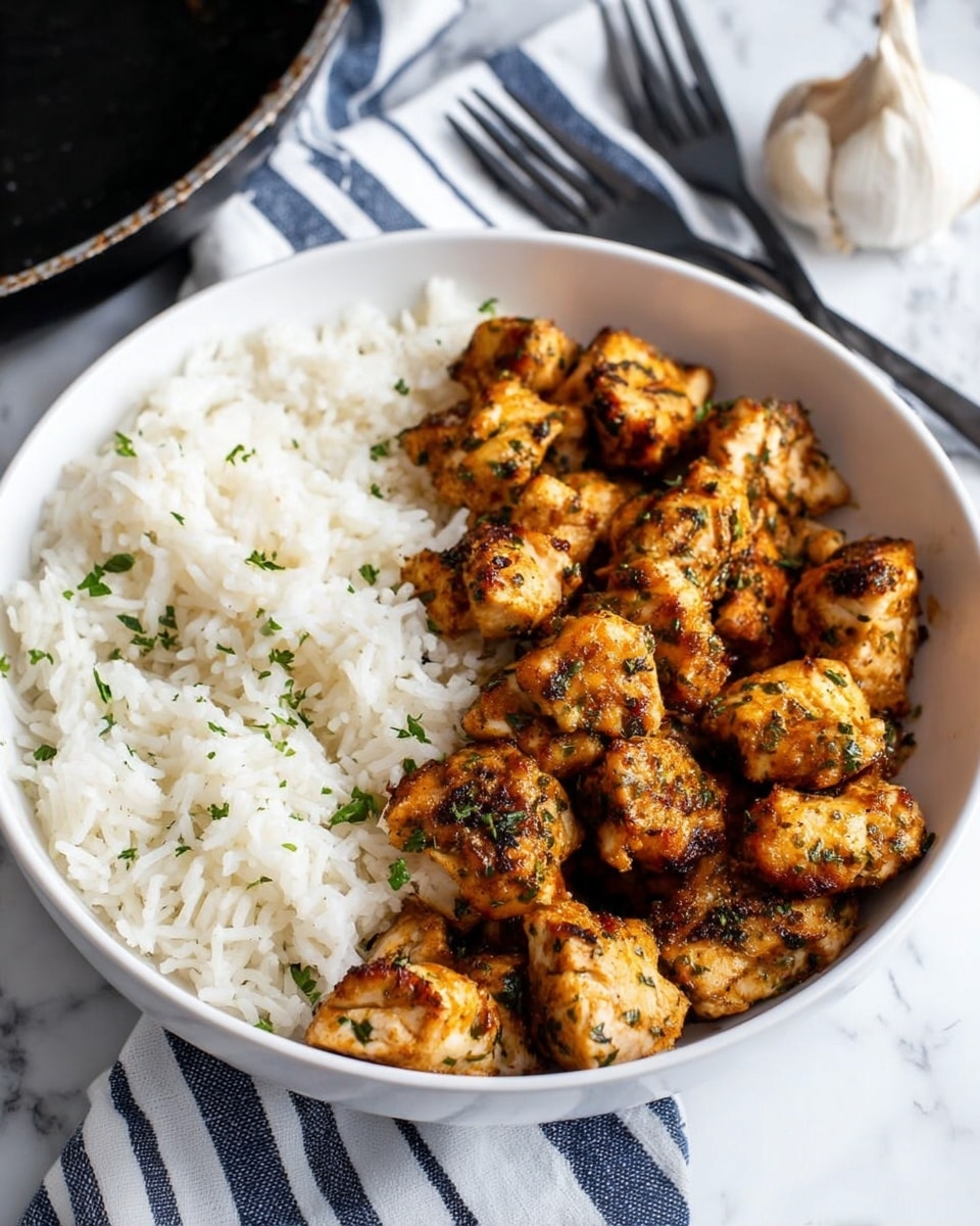 A white bowl filled with two layers: on one side, a generous pile of plain white rice with a fluffy texture, and on the other side, multiple pieces of grilled chicken bites with a golden-brown crust sprinkled with chopped green herbs, creating a contrast between the white rice and the browned chicken. The bowl is set on a white marbled surface, with a navy blue and white striped cloth and a fork placed behind it. In the background, part of a black pan and a bulb of garlic can be seen slightly out of focus. Photo taken with an iphone --ar 4:5 --v 7