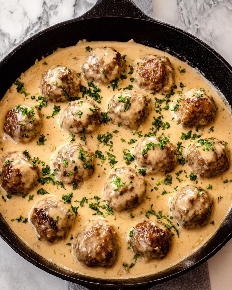 A white plate filled with a base layer of bright yellow, curly pasta, topped by five large golden-brown meatballs covered in a thick, creamy beige sauce with small green herb pieces sprinkled on top. The sauce drapes over the meatballs and pasta, creating a smooth, almost glossy texture. Fresh green herbs are placed around the meatballs for garnish. The plate sits on a white marbled surface with a blurred background of fresh green parsley and a black pan. photo taken with an iphone --ar 4:5 --v 7