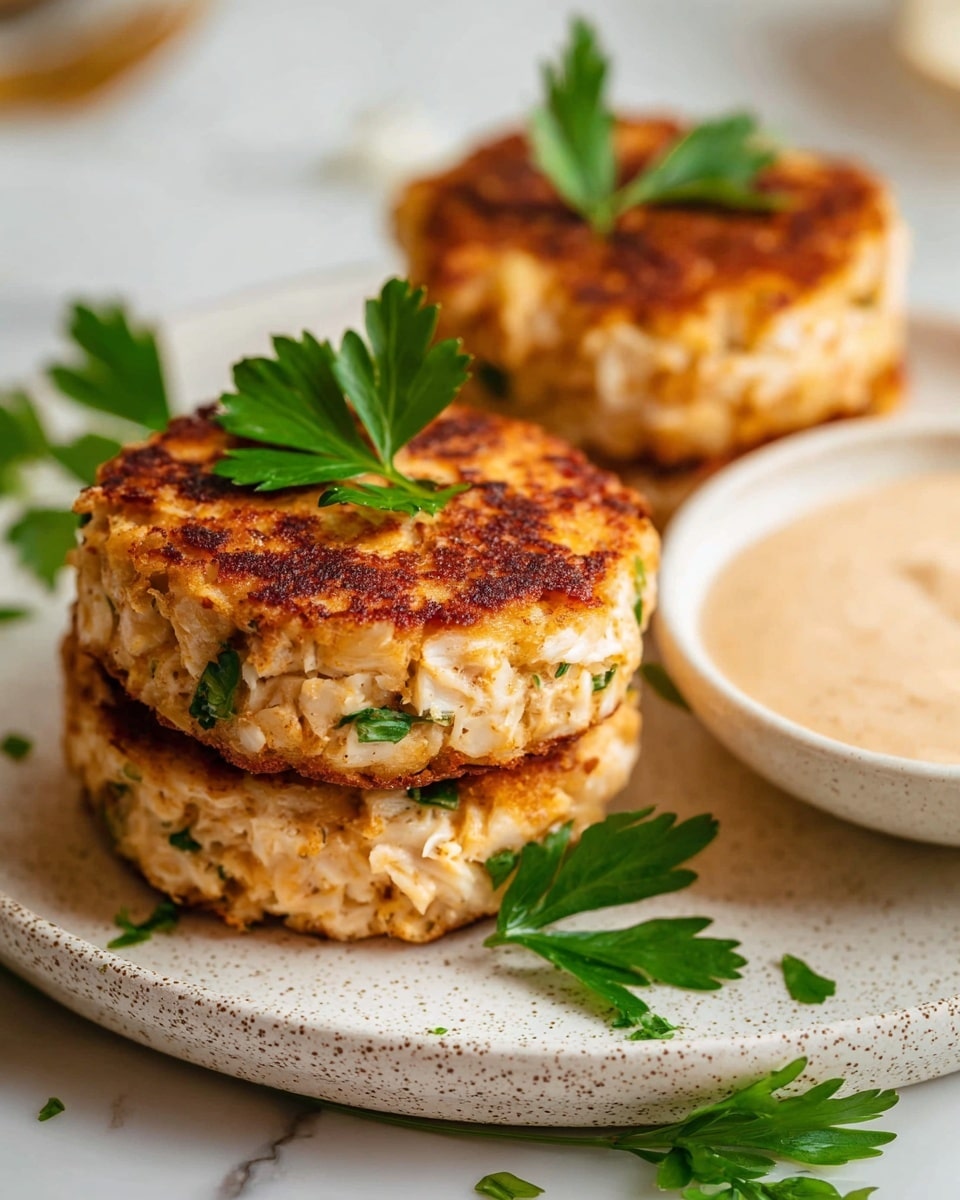 Two thick golden brown crab cakes with a slightly crispy, browned top layer and a textured, light beige inside showing bits of green herbs, stacked on a white speckled plate placed on a white marbled surface. Each cake is topped with a small sprig of fresh green parsley. Behind the crab cakes, there is a small white bowl filled with smooth, creamy dipping sauce with a light beige color. Scattered green parsley leaves are placed around the crab cakes for garnish. The overall look is warm and inviting with soft, natural lighting. Photo taken with an iphone --ar 4:5 --v 7