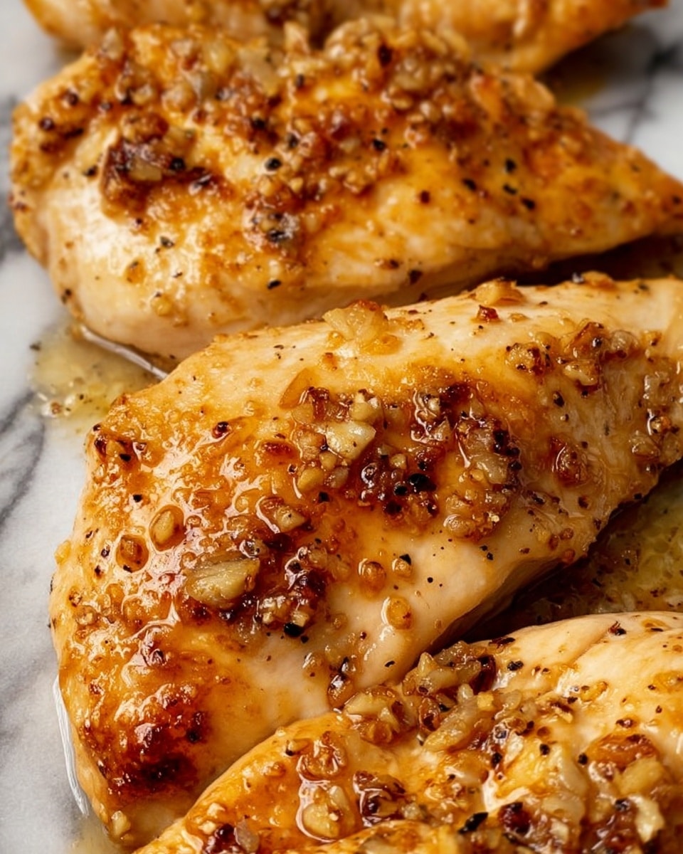 The image shows several pieces of cooked chicken breast with a golden brown surface, topped with small bits of browned garlic and black pepper. The chicken has a moist and slightly shiny texture with some caramelized edges. The pieces are layered closely on a white marbled surface, showing a mix of light beige and golden hues from the cooking juices and spices. photo taken with an iphone --ar 4:5 --v 7