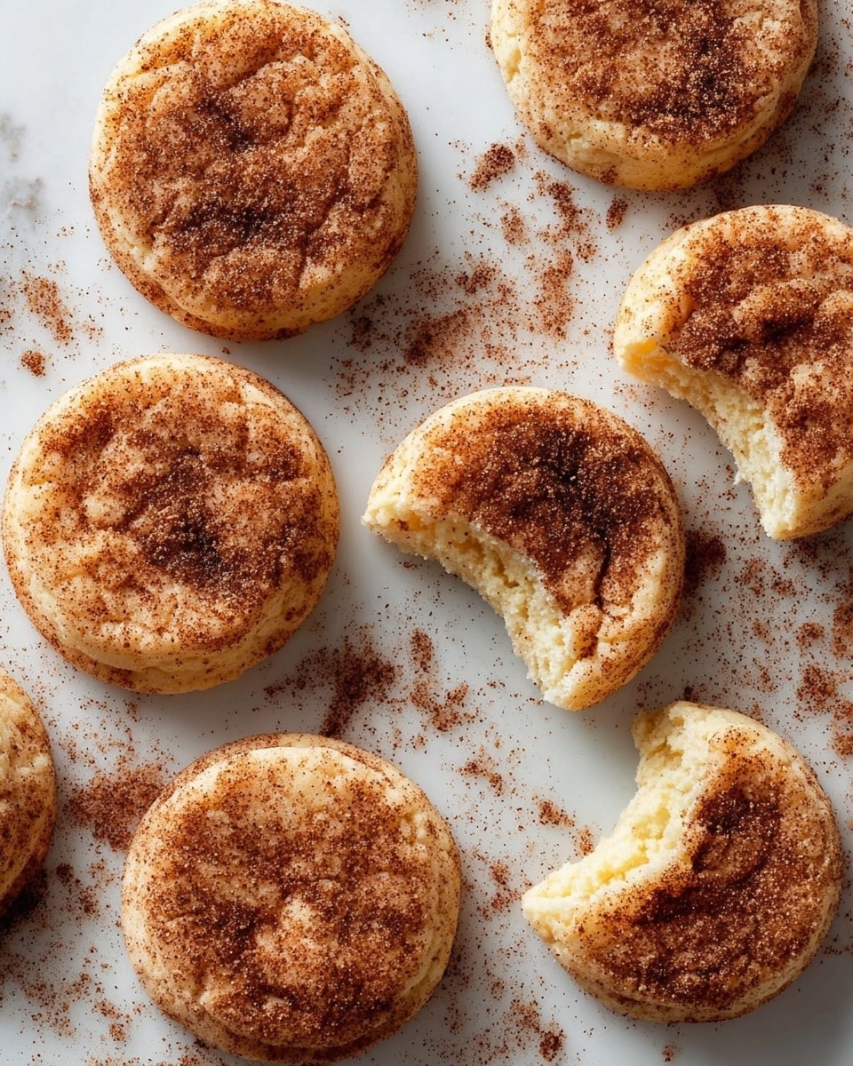 The image shows a stack of three thick, round, golden-brown fried cakes covered in sugar, each cake with a soft, creamy light yellow filling inside. The top cake has a bite taken out, revealing its smooth, creamy texture. Between the middle and bottom cakes, a rich, glossy caramel sauce is dripping down the stack. The cakes have a slightly crumbly but crispy outer crust. The stack sits on a white plate, placed on a white marbled surface. photo taken with an iphone --ar 4:5 --v 7