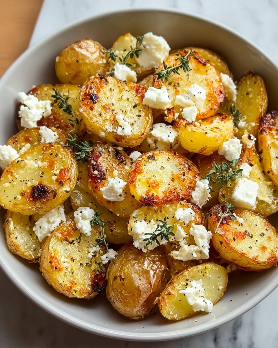 A bowl filled with golden roasted potato halves with crispy edges and soft, light yellow centers. The potatoes are sprinkled with crumbled white cheese and small green sprigs of herbs, likely thyme, scattered on top. The cheese pieces vary in size, some melting slightly over the warm potatoes. The bowl is white and sits on a white marbled surface, giving a clean and fresh look. The texture of the potatoes shows slight browning, indicating roasting, with a few black pepper specks. photo taken with an iphone --ar 4:5 --v 7
