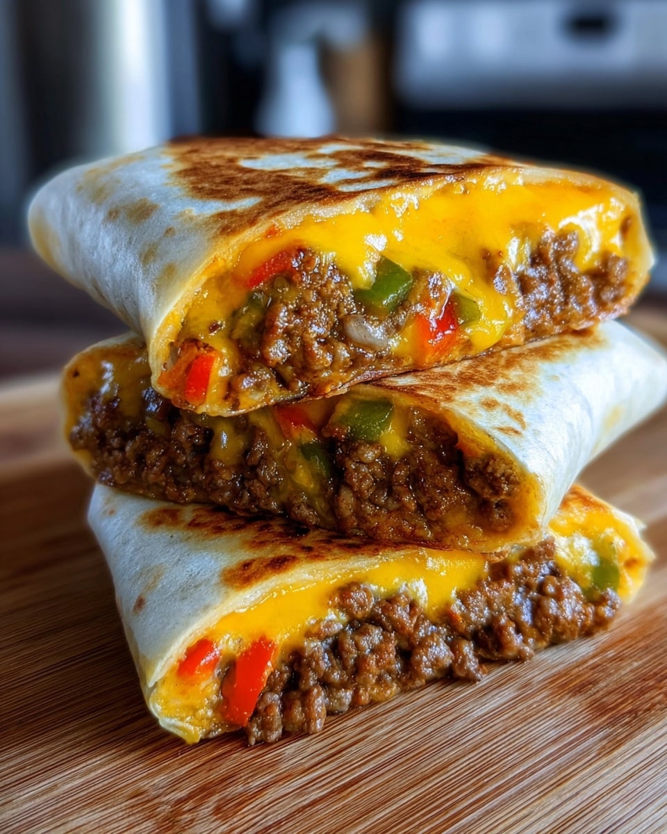 A close-up of a burrito cut in half and stacked, showing three main layers inside: the outer layer is a golden-brown grilled white tortilla with some darker toasted spots; inside the tortilla is a thick, bright yellow melted cheese layer; the innermost layer is a mix of cooked ground beef with small pieces of green and red bell peppers and bits of onion, creating a rich and chunky texture. The burrito halves sit on a wooden surface with a blurred kitchen background. photo taken with an iphone --ar 4:5 --v 7