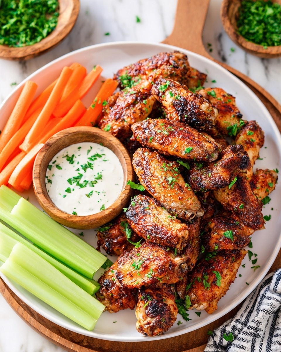 A white plate is full of grilled chicken wings, stacked in layers showing a brown, crispy, and slightly charred texture with green parsley sprinkled on top. On one side, there are bright orange carrot sticks and light green celery sticks placed in neat rows. Next to the vegetables is a small wooden bowl filled with white dipping sauce, also sprinkled with parsley. The plate sits on a wooden board with a bowl of chopped green herbs in the background, all on a white marbled surface. Photo taken with an iphone --ar 4:5 --v 7