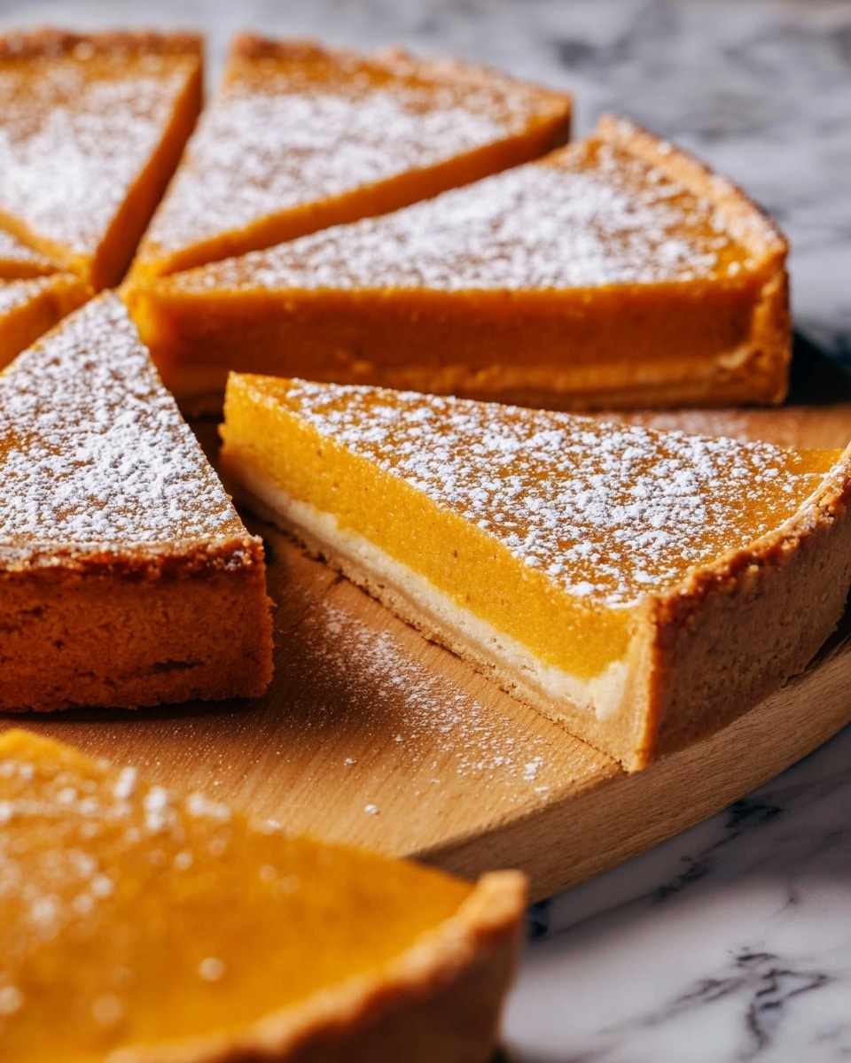 A round tart cut into eight slices sits on a light brown wooden board. Each slice shows two clear layers: a thick golden-brown crust at the bottom and a smooth bright orange filling on top. The orange filling has a light dusting of white powdered sugar evenly spread across the top. The tart edges are slightly darker and crisper, showing a firm crust texture. The background features a white marbled texture, adding a clean look to the scene. photo taken with an iphone --ar 4:5 --v 7