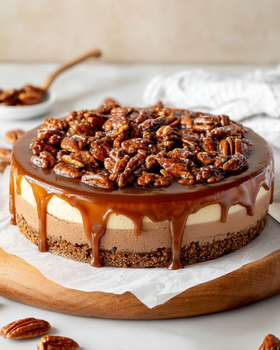 A round cheesecake with three visible layers sits on white parchment paper on a wooden board. The bottom layer is a thick, crumbly, light brown crust. The middle layer is a creamy, smooth chocolate cheesecake in a medium brown color. The top layer is covered with a thick, shiny caramel sauce that drips slightly down the sides. On top, there is a generous layer of whole, glossy pecans spread evenly. The background is a soft, light beige with a white marbled surface beneath the board. Photo taken with an iphone --ar 4:5 --v 7