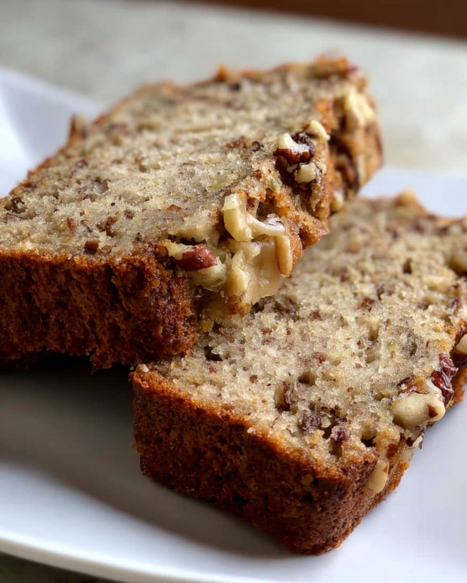 Two thick slices of nut bread are placed on a white square plate. The bread is light brown with visible chunks of nuts scattered throughout its soft, crumbly texture. The crust is slightly darker and rough, showing a homemade look. The background is a white marbled texture, softly blurred to keep focus on the bread. photo taken with an iphone --ar 4:5 --v 7