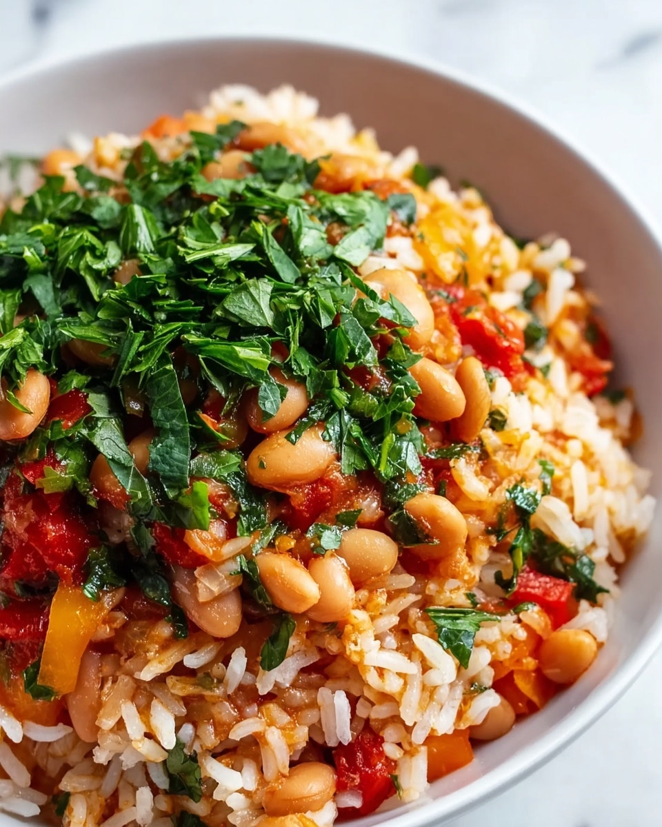 The image shows a close-up of a colorful dish made of cooked rice mixed with small white beans, chopped red and yellow bell peppers, and finely chopped green herbs scattered on top. The rice grains are fluffy and slightly orange, likely from spices or sauce, while the beans add a smooth, light beige texture. The vibrant pieces of bell peppers add pops of bright red and yellow color that contrast with the dark green herb leaves spread evenly throughout. The dish is presented against a white marbled texture background, giving a clean and fresh look. Photo taken with an iphone --ar 4:5 --v 7