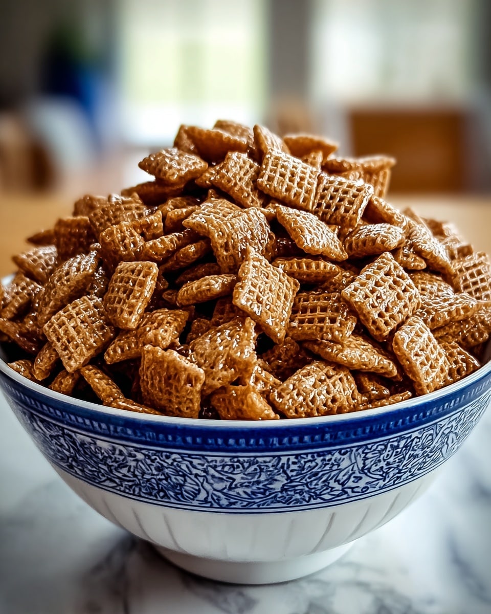 A large white bowl with blue patterns is filled to the top with small square cereal pieces covered in a shiny, sticky brown coating. The cereal pieces are piled high, showing their waffle-like grid texture on top, with the glossy coating catching the light and creating a shiny effect all over. The bowl sits on a white marbled surface, adding a clean background to the image. photo taken with an iphone --ar 4:5 --v 7