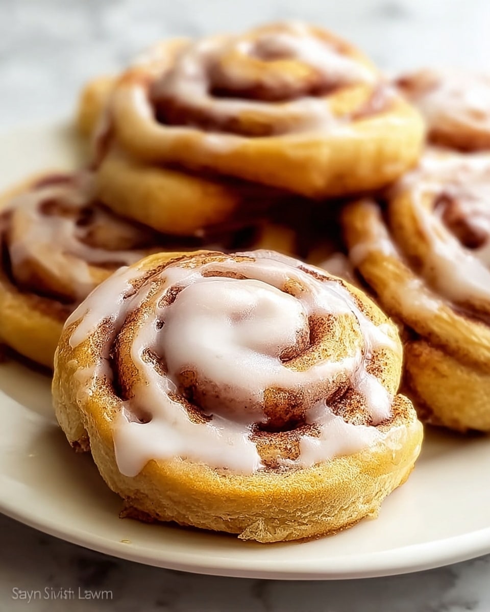 A white plate is filled with several small cinnamon rolls stacked in a small pile. Each roll has two visible layers: the soft, golden-brown dough with a slightly bumpy texture and the cinnamon filling inside, which is a darker brown and spiraled. On top of each roll, thick white icing is drizzled in irregular lines, covering parts of the cinnamon swirls and adding a glossy texture. The white marbled surface underneath the plate shows softly blurred areas in the background. photo taken with an iphone --ar 4:5 --v 7