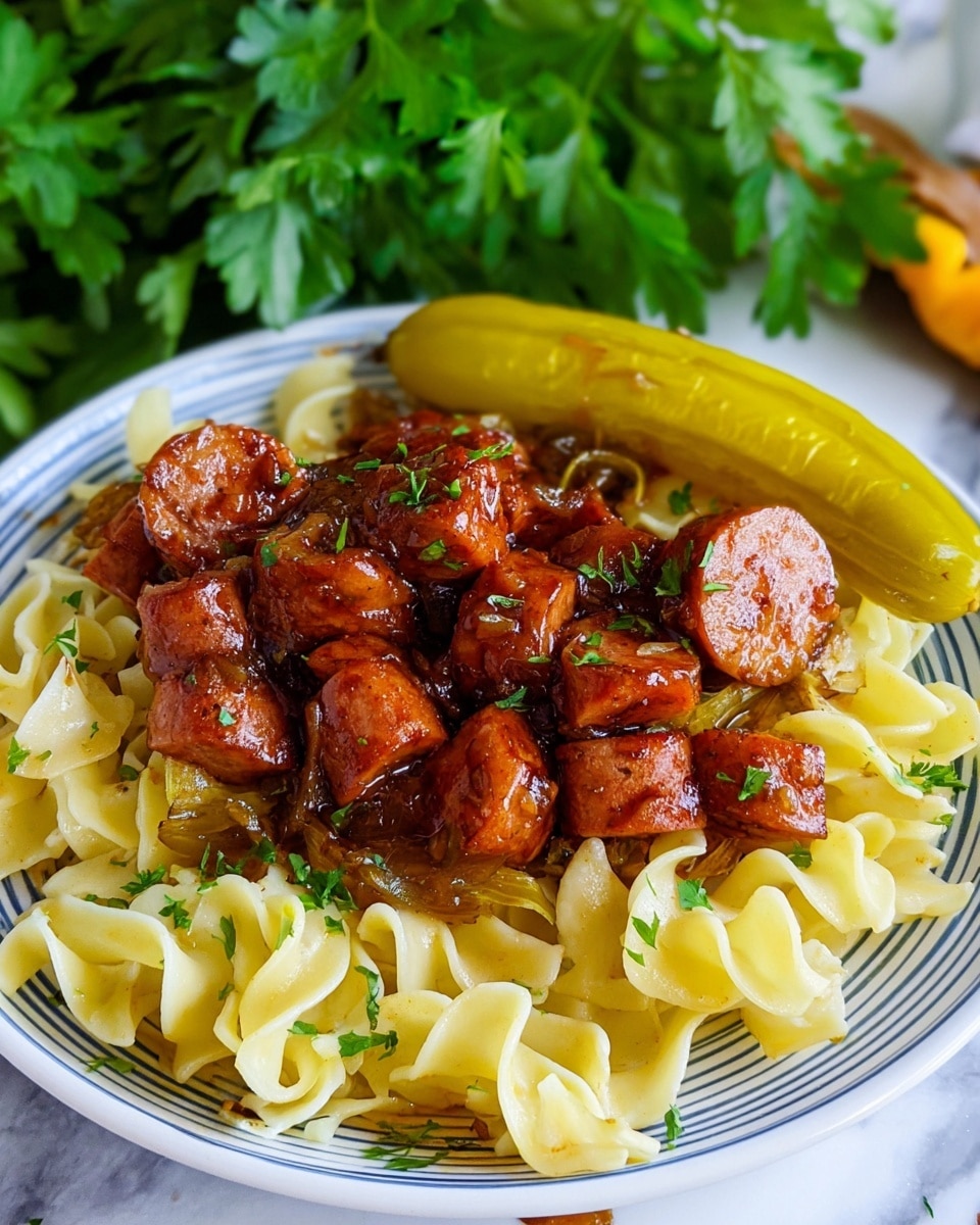 The image shows a white plate filled with three layers: the bottom layer is wide, pale yellow egg noodles with ruffled edges, the middle layer has slices of shiny, dark reddish-brown cooked sausage arranged in a small pile, and the top layer is sprinkled with green parsley pieces. To the side, there is a small piece of yellow grilled vegetable. The plate sits on a white marbled texture with some green leafy parsley scattered around, and in the background, there is a blurred glass of iced tea and another container. Photo taken with an iphone --ar 4:5 --v 7
