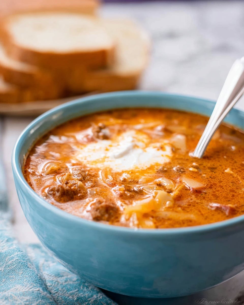 The image shows a light blue bowl filled with thick soup that has a rich orange color with visible bits of meat and noodles inside. The soup looks creamy and has a dollop of white cream or sour cream on top near the center. A silver spoon is angled steeply inside the bowl with its handle sticking out to the right side. In the blurry background, there is a white marbled surface and a piece of sliced bread resting on it. photo taken with an iphone --ar 4:5 --v 7