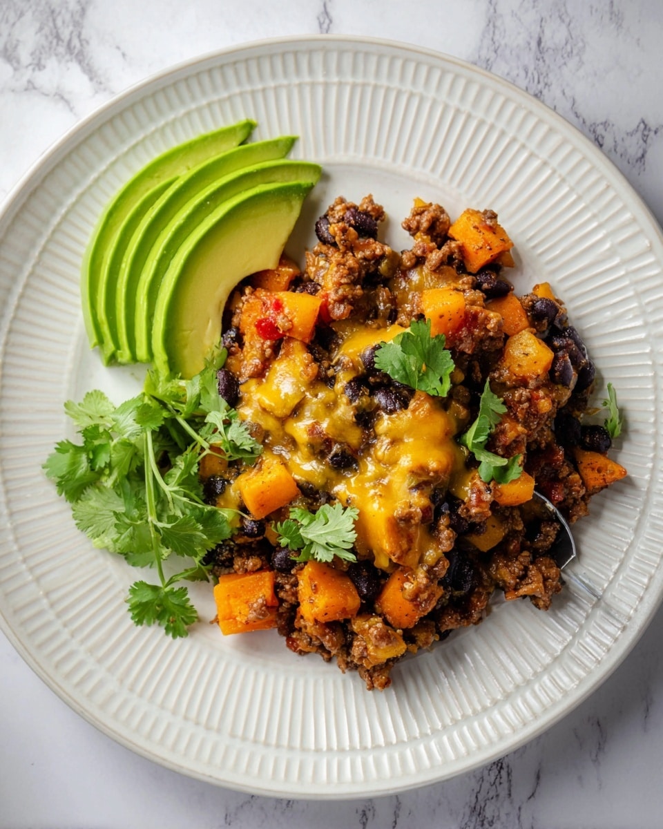 A white plate with a textured rim holds a cooked mixture of ground meat, black beans, diced orange sweet potatoes, and melted yellow cheddar cheese, garnished with fresh green cilantro leaves. On the left side of the plate, three bright green slices of avocado rest gently on the dish. The plate sits on a white marbled texture surface. photo taken with an iphone --ar 4:5 --v 7