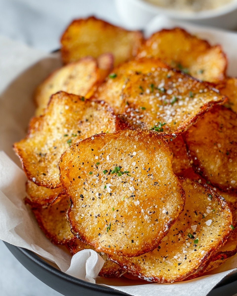 A close-up of a pile of golden-brown crispy chips stacked in a white bowl lined with white paper. Each chip has a slightly uneven round shape with darker, crunchy edges and a glistening, textured surface. The chips are sprinkled with coarse salt, cracked black pepper, and small green herb pieces, creating a speckled pattern on their shiny surface. The bowl sits on a white marbled background. Photo taken with an iphone --ar 4:5 --v 7