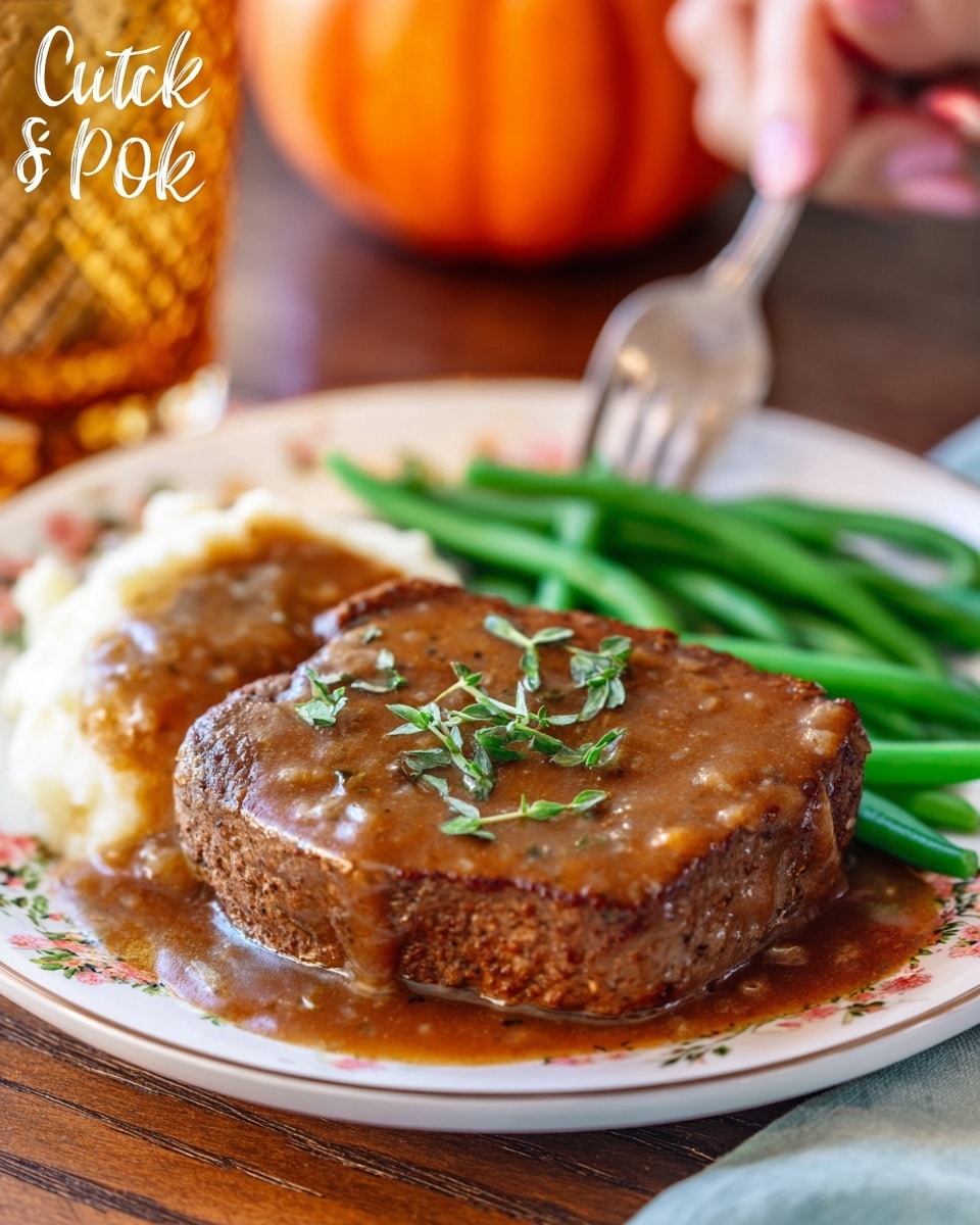 The dish features two thick, flat cube steaks covered in a glossy, rich brown gravy with tiny specks and sprinkled with fresh green herbs, placed on the right side of a white plate with a floral pattern. Underneath and behind the steaks, there is a generous scoop of smooth, creamy white mashed potatoes with a bit of gravy on top. To the left, a neat pile of bright green, glossy cooked green beans adds a fresh contrast. The plate sits on a wooden table with a blurred background featuring a warm-toned glass and an orange pumpkin. A woman's hand holds a fork near the back of the plate, ready to dig in. Photo taken with an iphone --ar 4:5 --v 7