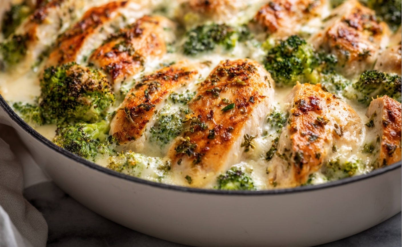 The dish shows a white pan filled with a creamy baked mix of tender grilled chicken breast slices placed on top, each piece having a golden-brown seared texture with herbs sprinkled on them. Beneath the chicken, bright green broccoli florets are partly covered in a thick, white Alfredo sauce that looks smooth and cheesy, bubbling slightly at the edges. In the first image, a wooden spatula lifts a piece of the chicken with broccoli and melted cheese stretching between the layers. The overall look is rich, creamy, and fresh, set on a white marbled surface. photo taken with an iphone --ar 4:5 --v 7