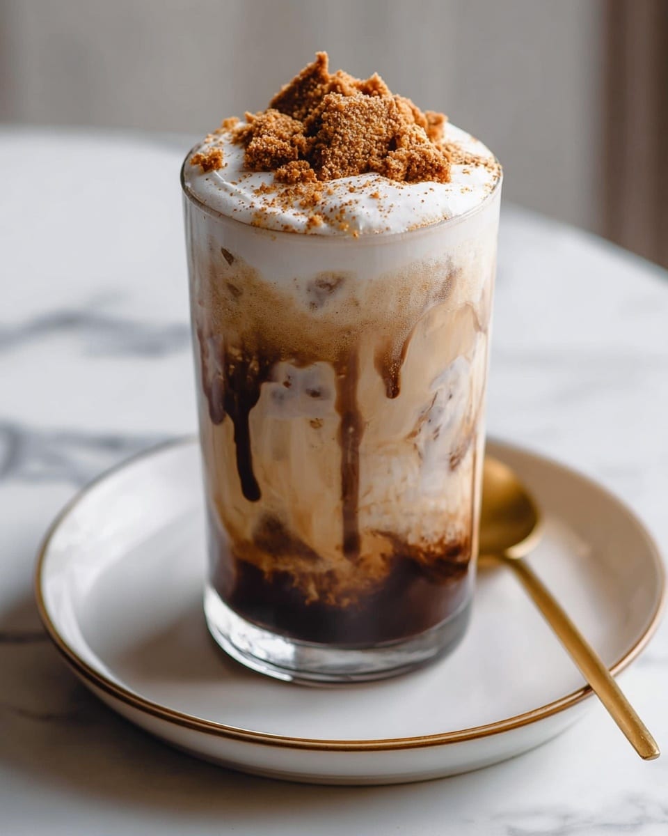 A tall clear glass filled with three visible layers: the bottom layer is dark brown chocolate syrup dripping down the sides, the middle layer is creamy light brown milk coffee, and the top layer is thick white foam topped with crumbled light brown cookie pieces and a sprinkle of cinnamon powder. The glass is placed on a white plate with a thin gold rim, and beside it lies a gold spoon. The surface around is a white marbled texture. photo taken with an iphone --ar 4:5 --v 7