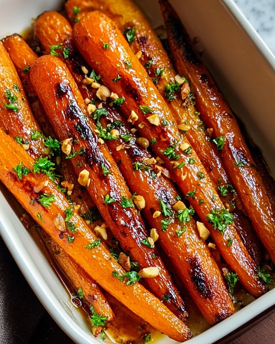 A close-up of a white rectangular dish filled with about eight long roasted carrots. The carrots have a shiny, glazed orange surface with dark brown caramelized spots, showing a soft and juicy texture. They are sprinkled with finely chopped green herbs and small bits of toasted nuts, creating a fresh and crunchy contrast. The dish sits on a white marbled texture, and the warm, rich tones of the carrots make them look tender and flavorful. photo taken with an iphone --ar 4:5 --v 7