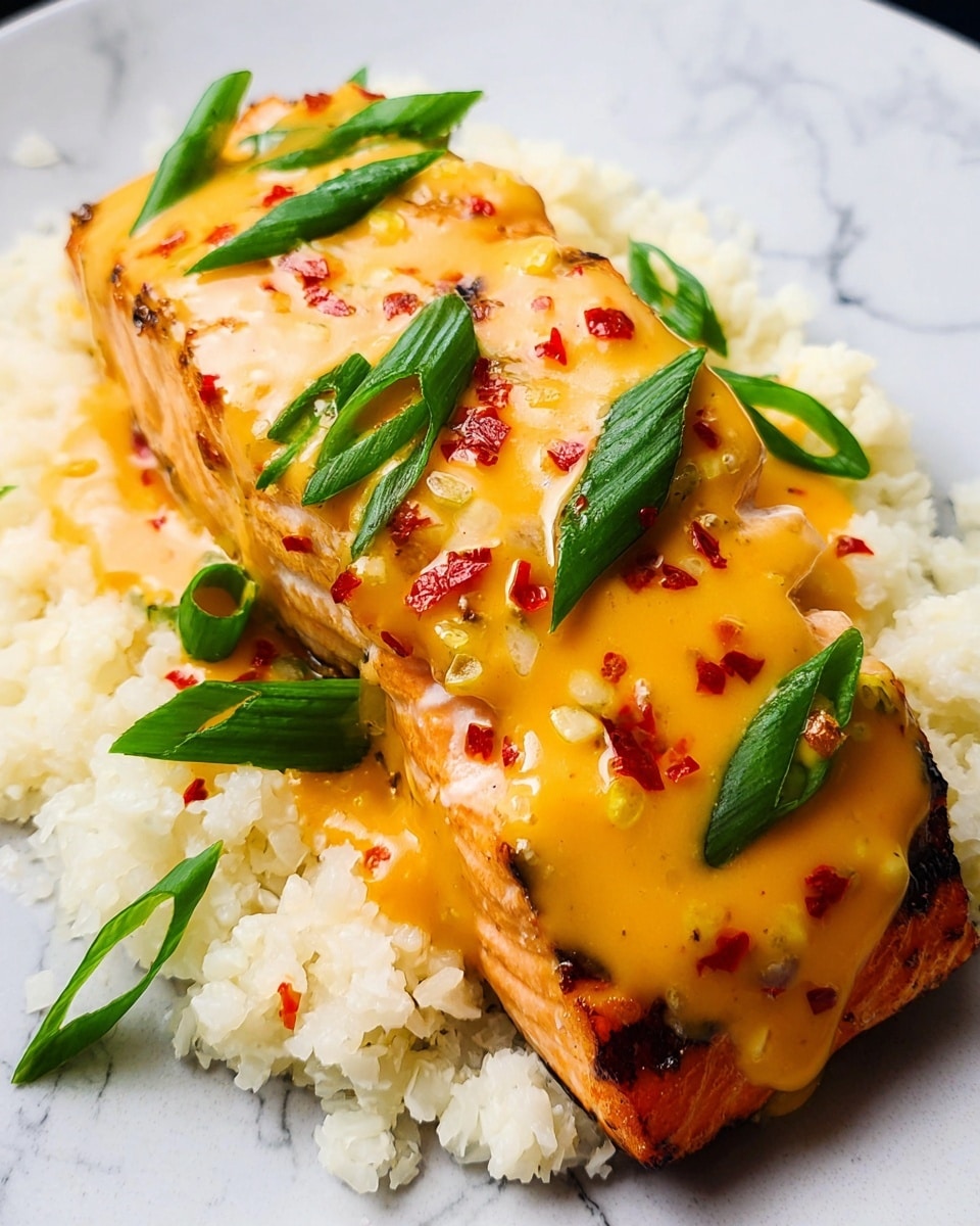 A piece of grilled salmon with a golden brown color sits on a bed of white cauliflower rice. The salmon is topped with a smooth, creamy, orange sauce with small red chili bits, and garnished with fresh green onion slices scattered over the top. The dish is served on a clean white plate against a white marbled textured background. photo taken with an iphone --ar 4:5 --v 7