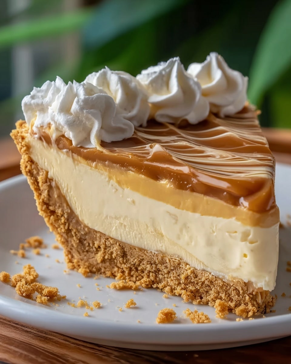 A close-up of a slice of pie on a white plate, showing four main layers: a crumbly golden brown crust at the bottom, a thick pale yellow creamy filling above it, a smooth light brown caramel-like layer on top with soft swirls, and eight dollops of white whipped cream neatly placed around the edge. Some crumbs are scattered on the plate, and the pie slice looks rich and smooth. The plate is on a white marbled surface with green blurred background. photo taken with an iphone --ar 4:5 --v 7