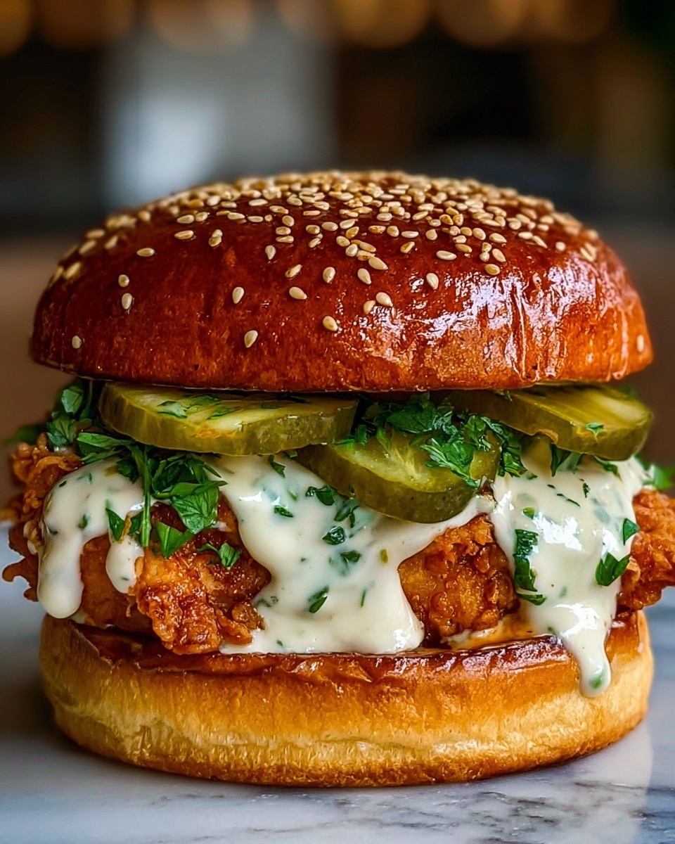 A close-up of a crispy golden fried chicken sandwich with a glossy topped sesame seed bun on top, beneath it are bright green pickles layered over chopped fresh herbs mixed in creamy white sauce that drips over the crunchy, golden chicken, all resting on the bottom toasted bun with a smooth texture, the sandwich sits on a white marbled surface. photo taken with an iphone --ar 4:5 --v 7