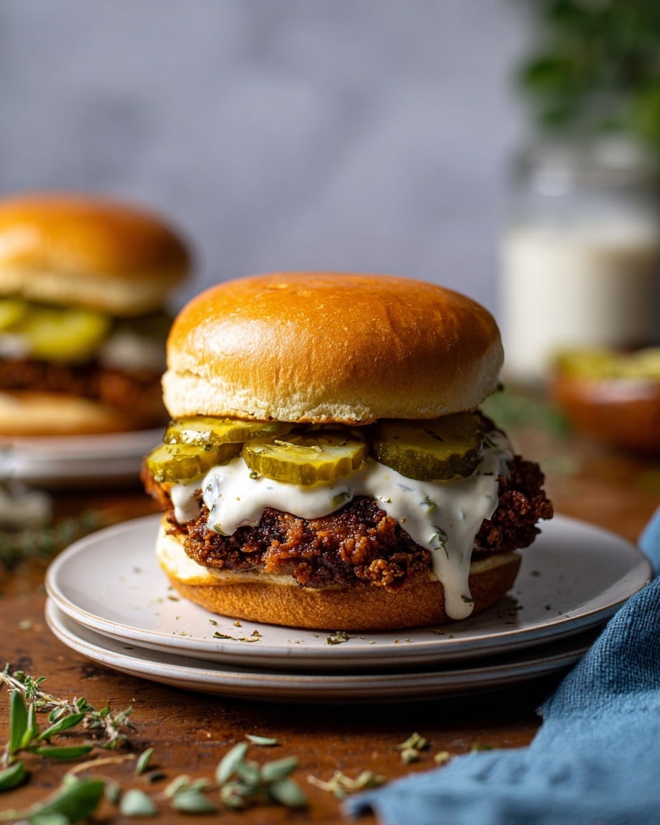 A close-up view of a fried chicken sandwich with four visible layers on a stack of two white plates. The bottom layer is a toasted golden brown bun with a light, slightly crispy texture. On top of that sits a piece of dark brown, crispy fried chicken with a crunchy texture. Above the chicken are three bright green pickle slices with a slightly translucent look. The pickles are topped with a thick, creamy white sauce that drips slightly down the chicken. A smooth, shiny golden brown top bun completes the sandwich, sitting slightly tilted. The setting includes a rustic wooden table with scattered herbs and a soft blue cloth on the right side, all against a white marbled texture background. Photo taken with an iphone --ar 4:5 --v 7