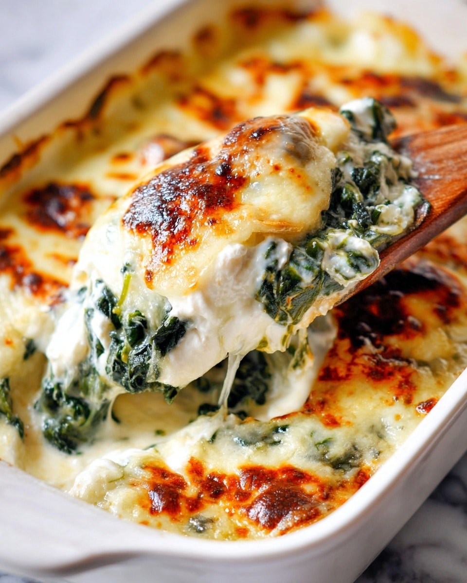 A white baking dish filled with a creamy baked spinach and cheese dish. The top layer is golden brown melted cheese with some darker browned spots, lightly bubbly and covering wilted dark green spinach leaves beneath. Beneath the cheese, there is a white, creamy ricotta or cottage cheese layer mixed with the spinach. The texture looks rich and creamy with some loose creamy cheese around the edges. A wooden spoon is lifting a portion, showing thick, cheesy, soft layers with green spinach mixed inside. The dish sits on a white marbled surface. photo taken with an iphone --ar 4:5 --v 7