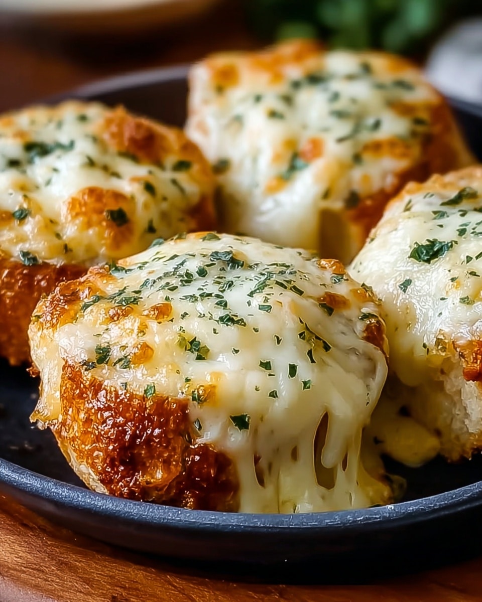 This image shows a close-up view of four melted cheese-covered bread pieces arranged closely in a dark round dish. Each piece is topped with a thick, golden-brown baked layer of gooey, stretchy white cheese sprinkled with small green herb flakes. The bread underneath is slightly visible through the golden melted cheese, showing a soft and fluffy texture. The dish sits on a wooden surface, but the background is softly blurred, making the cheesy bread the main focus. photo taken with an iphone --ar 4:5 --v 7