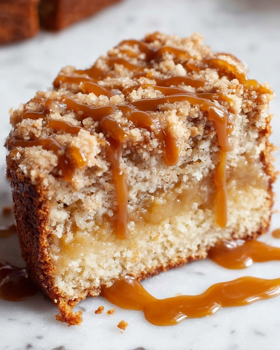 A single slice of crumb cake sits on a white marbled surface, showing three main layers: a golden-brown bottom cake layer with a soft, moist texture; a light tan crumb topping with a coarse, crumbly texture; and a shiny, smooth caramel sauce drizzled generously on top and running down the sides, adding a glossy contrast. Photo taken with an iphone --ar 4:5 --v 7