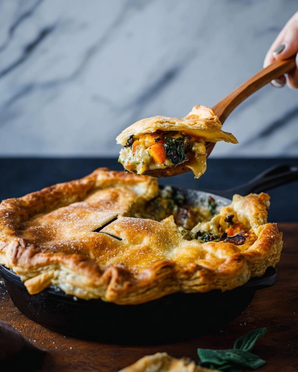 A deep-dish pie with a golden-brown flaky crust, slightly puffed and curled at the edges, sits in a black cast iron skillet. The crust has a small rectangular vent cut on top, showing a glimpse of the filling underneath. Inside the pie, there are at least three visible layers: a creamy, chunky filling with mixed colors including orange chunks, dark green leafy bits, and black specks, held together by a light yellow sauce. A woman's hand holds a wooden spoon lifting a scoop that highlights the textured mix of ingredients, including a large orange piece and greens. The scene is set on a dark wooden surface with a white marbled texture in the background. Photo taken with an iphone --ar 4:5 --v 7