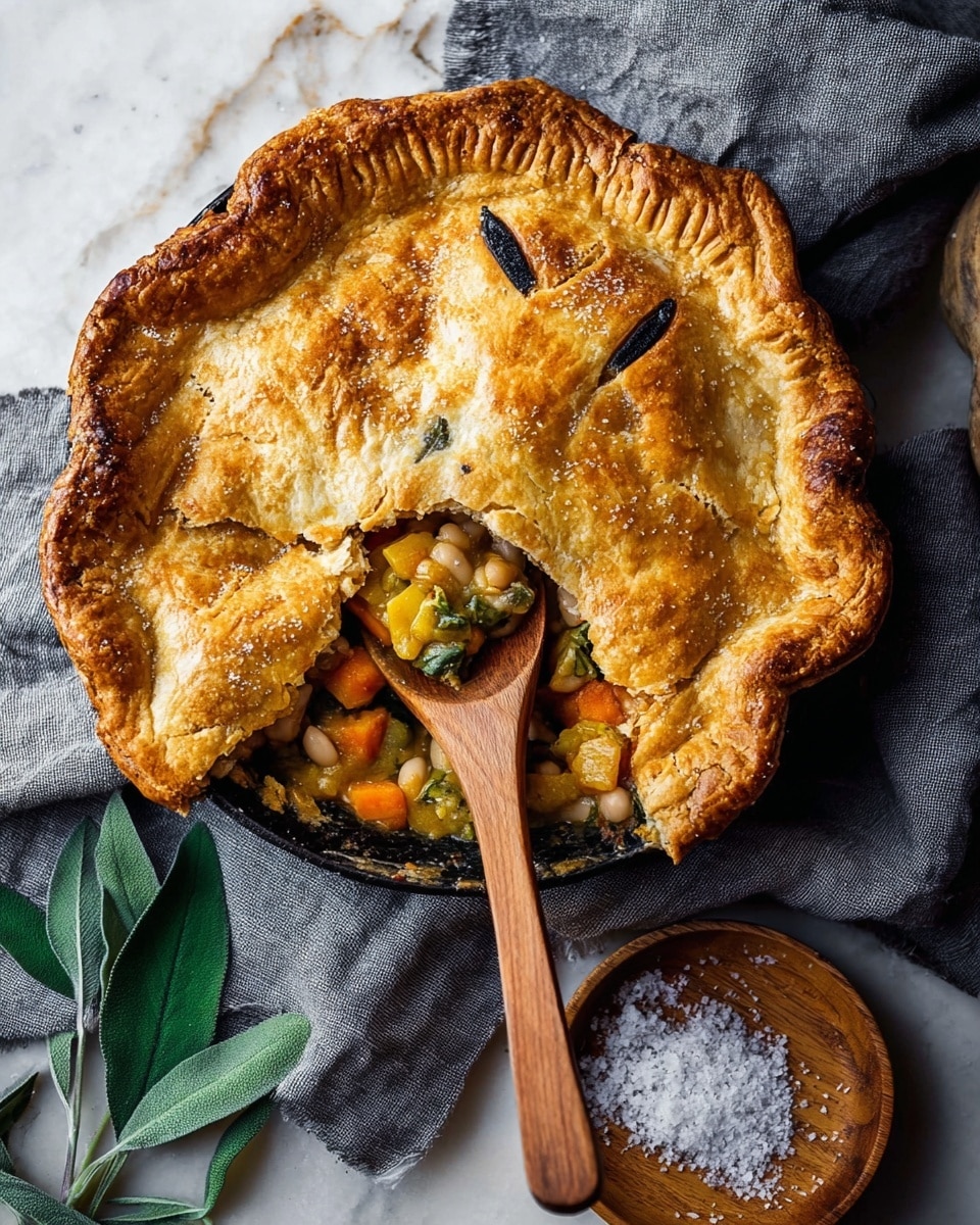 A golden brown pie with a flaky crust, partially cut open to show the filling inside. The top crust has a slightly puffed texture with darker browned edges and a few slits for ventilation. Inside, the filling has mixed chunks of orange, yellow, and green vegetables combined with white beans, giving it a soft, chunky look. A wooden spoon rests inside the pie, scooping up some of the filling, positioned across the pie’s opening. Next to the pie, there is a round wooden salt container with a lid and a small pile of salt on a white marbled surface, with a gray cloth napkin folded nearby. A few green leaves are scattered around. Photo taken with an iphone --ar 4:5 --v 7