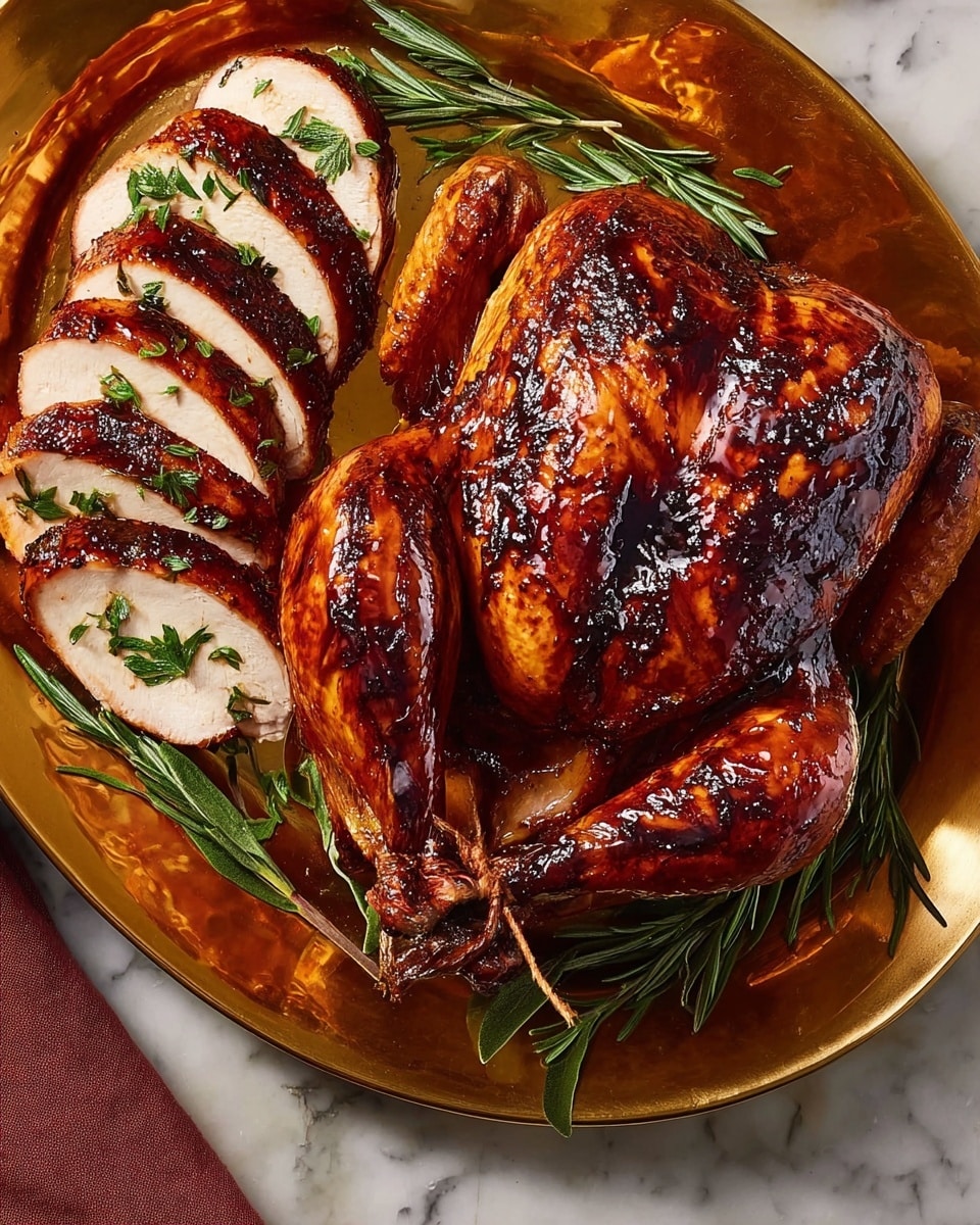 A roasted whole chicken with a shiny, dark brown, slightly charred skin sits on a large shiny gold tray. The chicken is positioned in the center with its legs tied together and wings tucked in, showing a crispy texture. To the left of the whole bird, three thick slices of white meat with browned edges are stacked, each slice garnished with small green herb sprigs. Around the chicken and slices, fresh rosemary sprigs add a touch of green color. The tray sits on a white marbled surface. Photo taken with an iphone --ar 4:5 --v 7
