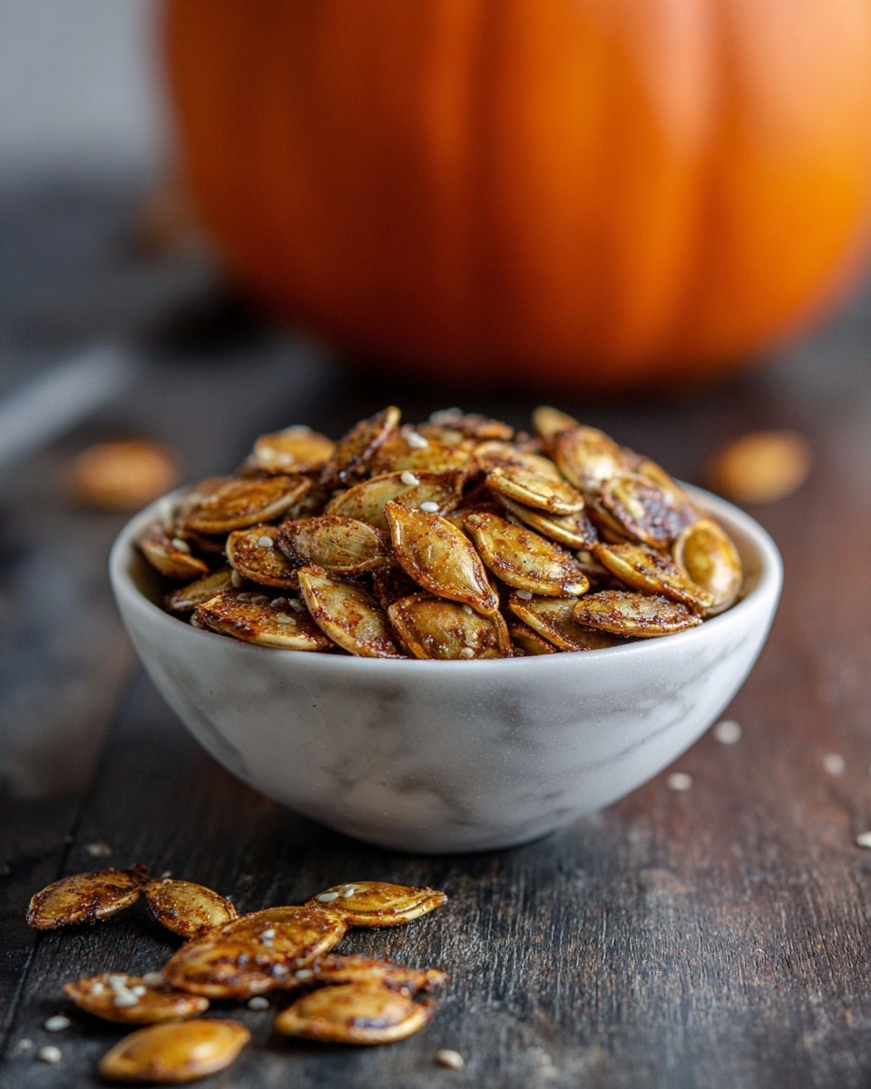 A close-up view of a small white bowl filled with roasted pumpkin seeds that are golden brown with a slightly oily texture, some seeds have visible seasoning and small white sesame seeds mixed in; a few seeds are spilled over onto the dark wooden surface beneath the bowl; a blurry orange pumpkin is in the far background, with the overall setting on a white marbled texture. photo taken with an iphone --ar 4:5 --v 7