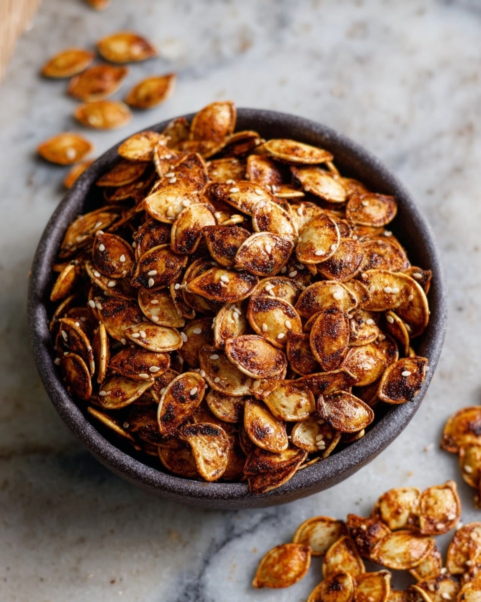 A round bowl filled with many roasted pumpkin seeds that are golden brown and slightly shiny, showing a crispy texture with some seeds sprinkled with light-colored sesame seeds. The bowl sits on a white marbled surface and a few seeds are scattered nearby. The pumpkin seeds have a roasted, slightly oily look with some dark spices coating their surface. Photo taken with an iphone --ar 4:5 --v 7