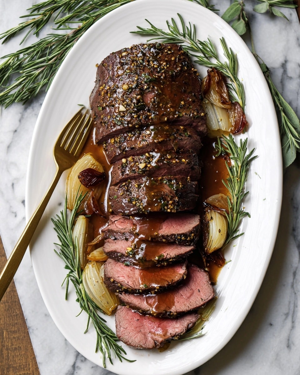 A white oval plate holds a sliced medium-rare roast beef arranged in a row down the center. The beef has a dark brown crust with visible herbs and garlic, and the inside is a warm pink color. A glossy brown sauce is drizzled over the slices. Caramelized shallots with a golden-brown color are placed at the sides of the beef. Fresh rosemary sprigs with green needles frame the beef on both sides. A gold fork rests on the left edge of the plate. The plate is set on a white marbled surface with some rosemary sprigs scattered around. photo taken with an iphone --ar 4:5 --v 7