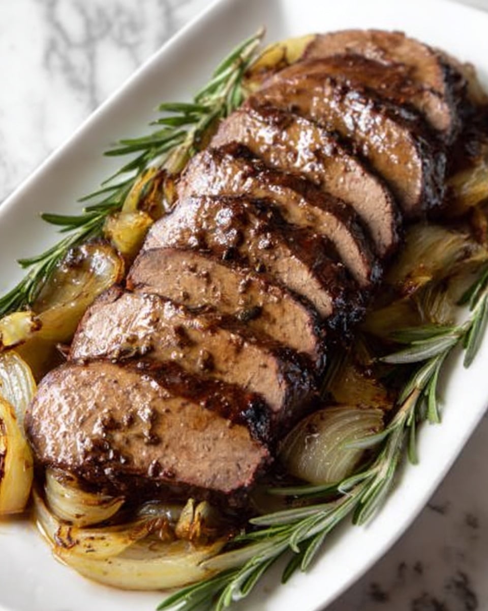 The image shows a long white plate with several slices of cooked meat arranged in a row from front to back. The meat is dark brown on the outside with a slightly lighter, juicy inside, and a shiny glaze on top. On both sides of the meat, there are cooked onions with a golden-brown color and a soft, slightly charred texture. Two green sprigs of rosemary lay along the sides, adding a fresh, natural contrast. The plate sits on a white marbled surface. Photo taken with an iphone --ar 4:5 --v 7
