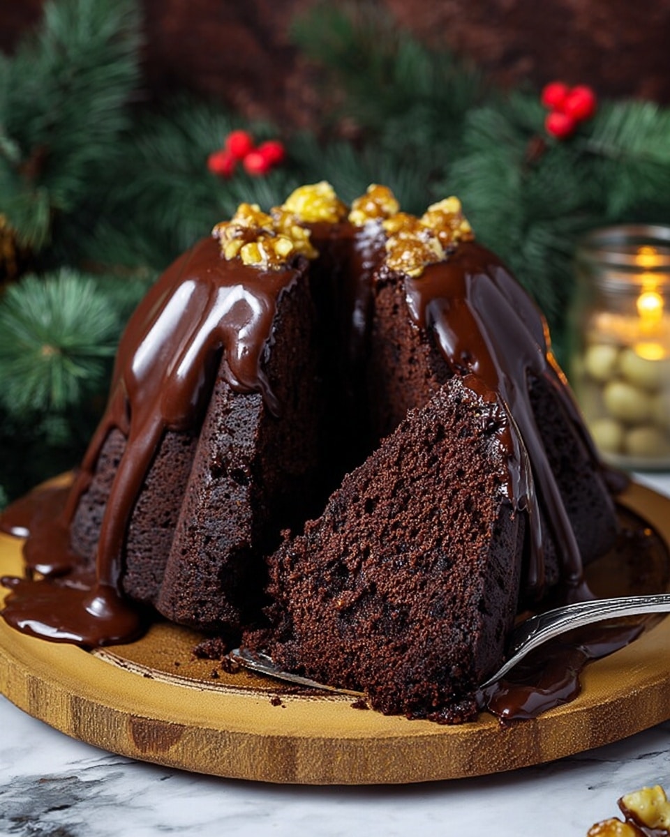 A rich, dark brown chocolate bundt cake with a smooth, shiny dark chocolate glaze dripping down all around the sides, placed on a wooden round board. The cake itself has one thick layer with a moist-looking texture, and the glaze covers the top and drizzles down vertically. A slice is lifted on a silver fork showing the dense chocolate cake inside. The slice is topped with golden caramelized nuts adding a crunchy texture and a bit of shine. The background has green pine branches and red berries, with a single lit candle blurred softly. The surface beneath the board is a white marbled texture photo taken with an iphone --ar 4:5 --v 7