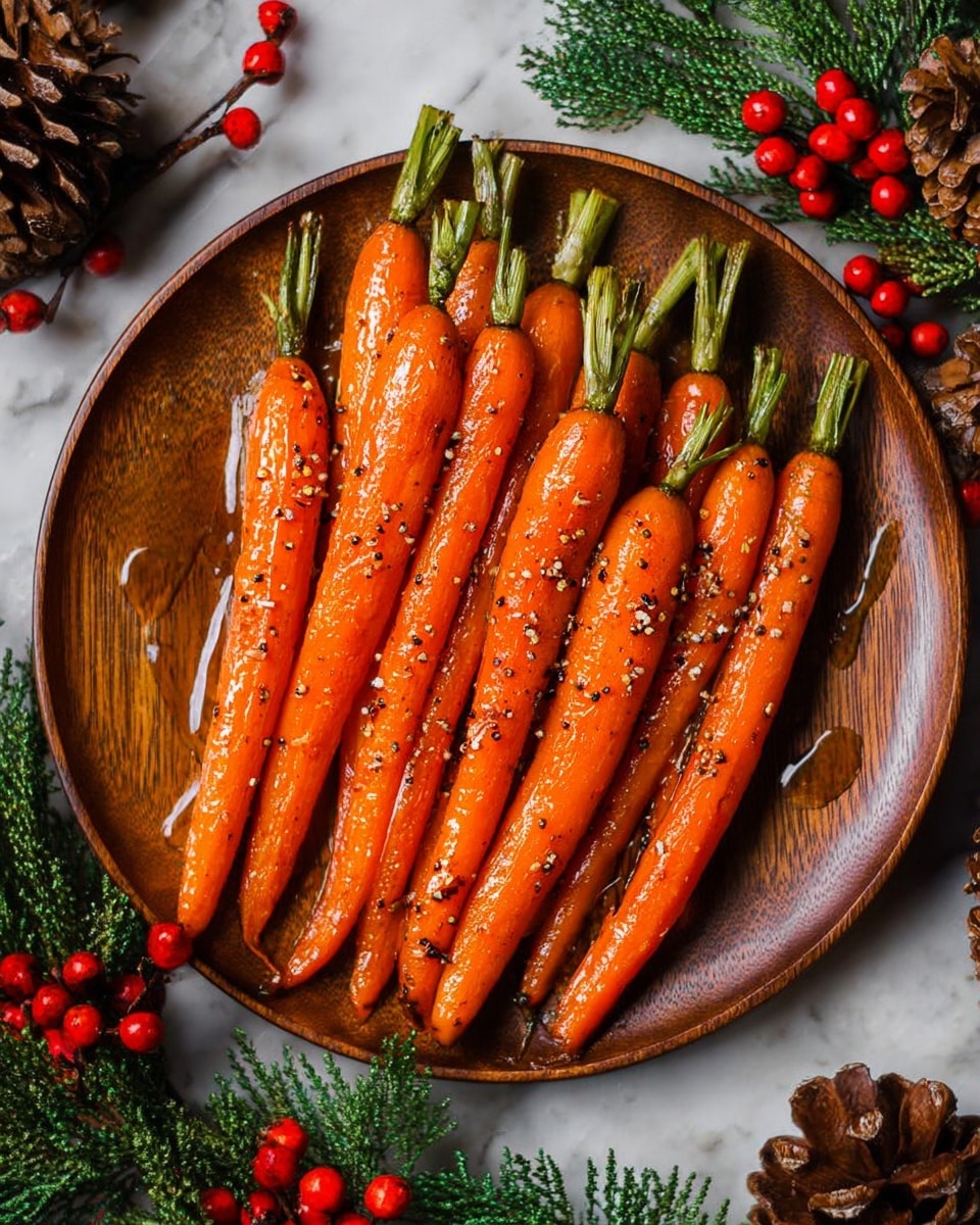 A wooden round plate holds ten roasted whole carrots placed side by side in a slight fan shape, all glossy with a shiny coating of oil and sprinkled with cracked black pepper for texture. The carrots have bright orange vibrant color, each with green tops intact, and some light char marks on the skin. A few drops of oil and seasoning rest on the wooden plate beneath the carrots. Around the plate, pinecones, red berries, and green pine branches are arranged on a white marbled surface, giving a festive look. photo taken with an iphone --ar 4:5 --v 7