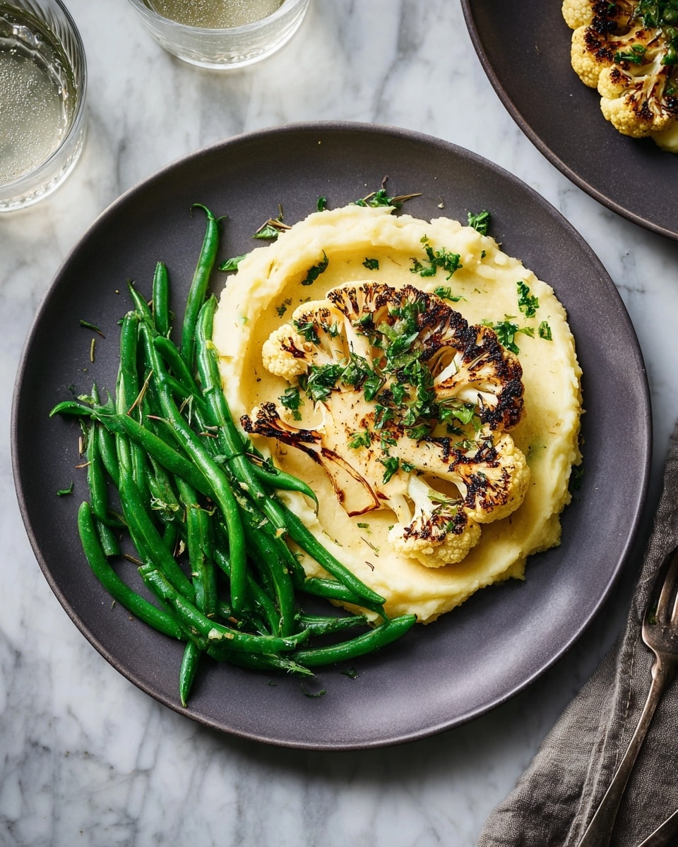 A dark gray plate holds a simple, elegant meal with three main layers: the bottom layer is a smooth, creamy pale yellow mash spread in a soft oval shape; on top sits a thick, golden-brown grilled cauliflower steak with charred edges and sprinkled fresh green chopped herbs; beside it rests a neat cluster of bright green cooked green beans, glistening slightly and lightly seasoned. The plate is set on a white marbled surface next to a glass of water and part of another similar plate is visible. Photo taken with an iphone --ar 4:5 --v 7