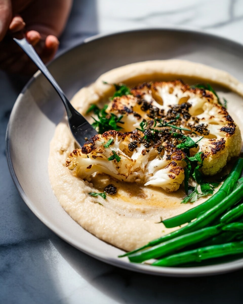 A close-up view of a dish shows three main layered components on a white plate softly placed on a white marble surface. The bottom layer is a smooth, pale beige puree spread in a circular shape. On top, slightly off-center, is a thick, grilled slice of cauliflower with light golden brown char marks and scattered dark herbs. The cauliflower is garnished with small bits of chopped green parsley. To the side at the lower right, a small bundle of bright green steamed green beans adds a fresh splash of color. A fork with a piece of the cauliflower and puree is gently pressing down in the front, held by a woman's hand just outside the frame. The lighting highlights the textures and colors clearly, showing a fresh and wholesome meal. photo taken with an iphone --ar 4:5 --v 7