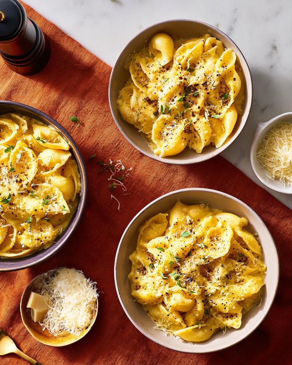 Three bowls of creamy yellow pasta with shell-shaped pasta coated in a thick sauce fill each bowl. The top is sprinkled with small green herb leaves and grated white cheese, with some black pepper flakes scattered on top. The bowls are white, showing the rich yellow sauce and pasta inside. A small white bowl with more grated cheese is placed nearby, along with an orange cloth napkin on a white marbled surface. A pepper grinder is also visible on the left side. The lighting highlights the texture of the sauce and cheese. photo taken with an iphone --ar 4:5 --v 7