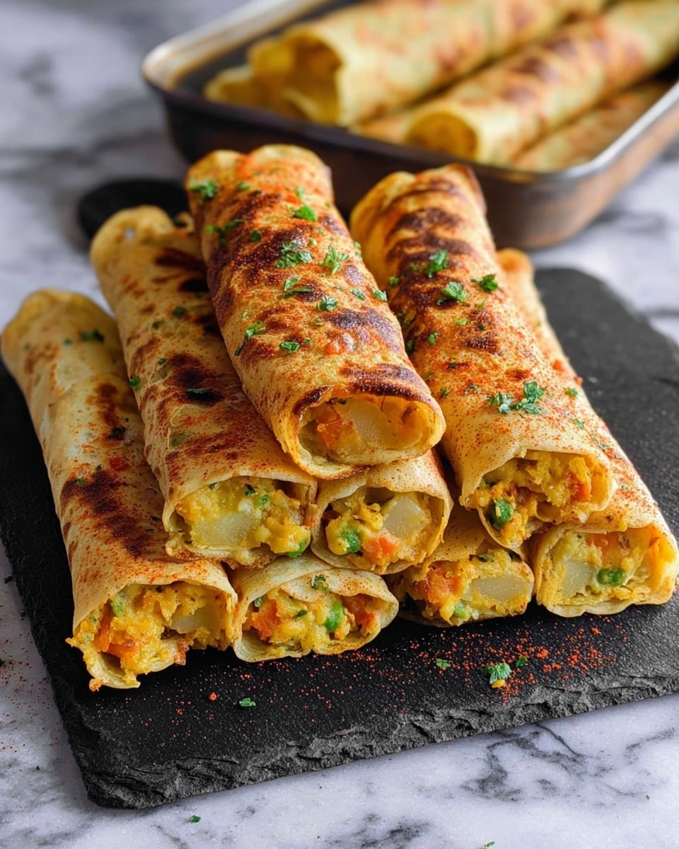 The image shows six rolled crepes stacked on a black slate board on a white marbled surface, with a metal tray in the background holding more crepes. Each crepe has a golden-brown color with a slight char and a sprinkling of reddish spices and small green herb pieces on top. The crepes are stuffed with a mixture that looks soft, with visible chunks of yellow potatoes and orange carrots, finely chopped green peas, and melted cheese interwoven. The texture inside appears creamy and slightly chunky. Photo taken with an iphone --ar 4:5 --v 7