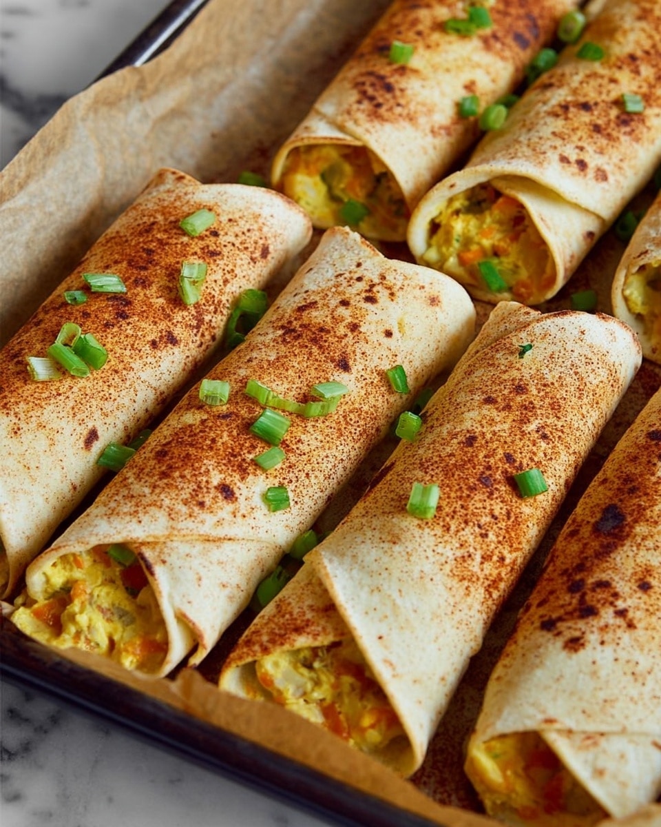 The image shows a close-up view of a tray filled with rolled wraps, each containing a yellowish filling with bits of orange and green, clearly visible at the open ends. The wraps are light beige with a soft, slightly toasted texture and are sprinkled with a reddish-brown seasoning powder. Small, fresh green chive pieces are scattered on top of some wraps. The rolls are neatly arranged side by side on a baking sheet lined with brown parchment paper, resting on a white marbled surface. photo taken with an iphone --ar 4:5 --v 7
