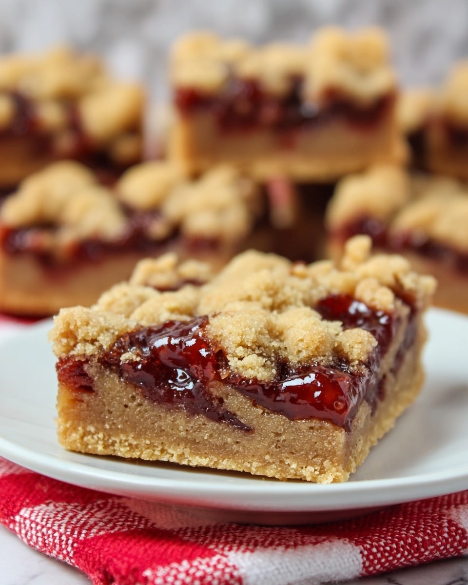 This image shows a close-up of a square dessert bar on a white plate with a red and white cloth underneath. The bar has two visible layers: the bottom layer is a light brown baked crust, smooth and firm, while the top layer is made of crumbly, golden-brown pieces with rough texture arranged unevenly. Between these layers is a shiny, dark red jam filling that glistens and slightly oozes through the cracks in the crumb topping. In the background, more bars of the same kind are slightly blurred, placed on a white marbled surface. photo taken with an iphone --ar 4:5 --v 7