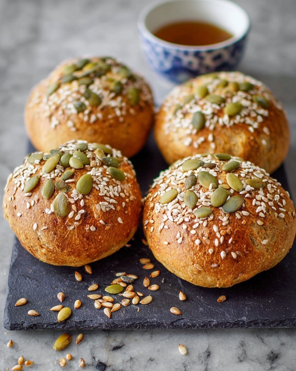 Four round bread rolls are placed on a dark stone square slate, each topped with three types of seeds: green pumpkin seeds, white sunflower seeds, and small golden flax seeds. The rolls have a golden-brown crust with a rough texture and are closely grouped with some seeds scattered on the white marbled surface beneath the slate. In the background, a small white bowl with a blue patterned inside and a brown liquid inside is visible but out of focus. Photo taken with an iphone --ar 4:5 --v 7